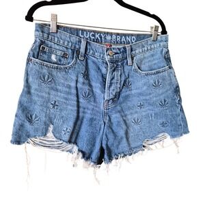 Lucky Brand 90s Midi Shorts Denim Embroidered Leaf Clover Blue Size 8/29